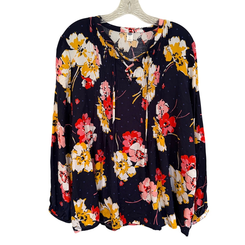 Old Navy Floral Print Lace Up Pintuck Blouse Womens Large Navy Boho Hippie Retro